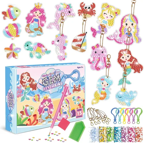 CAYUDEN Llaveros de pintura artística de diamante, 15 piezas de llaveros de diamantes 5D para niños, llavero de pintura de diamante de sirena para