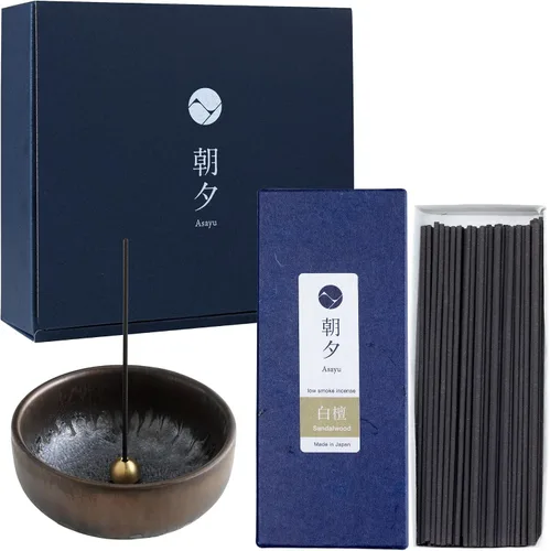 Miniatura 13 de Asayu Japan Set de regalo de incienso de bajo humo con soporte de incienso y soporte de latón, varillas de incienso de madera de agarwood