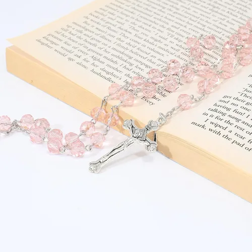 Miniatura 3 de Nazareth Store Rosa claro Cuentas de cristal Rosario Collar católico Medalla del Suelo Santo y Crucifijo Marca Bolsa de terciopelo