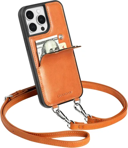 Miniatura 10 de LUCKYCOIN Funda tipo cartera cruzada para iPhone 14 Pro, funda de piel auténtica con protección contra caídas para mujer, con tarjetero expandible