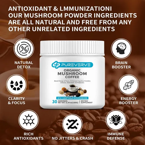 Miniatura 7 de Café de hongos, mezcla de polvo de extracto de hongos orgánico 10 melena de león, reishi, chaga, cordyceps, cola de pavo 30 porciones