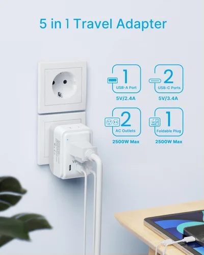 Miniatura 5 de VINTAR - Paquete de 1 adaptador de enchufe de viaje europeo, enchufe de alimentación internacional plegable con 2 salidas de CA, 3 puertos USB