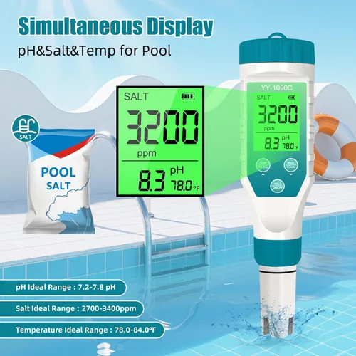 Miniatura 3 de Medidor de pH para hidropónica y probador de sal para spa – Medidor 5 en 1 de pH, salinidad, TDS, EC y temperatura con calibración de 12.88 mS/cm
