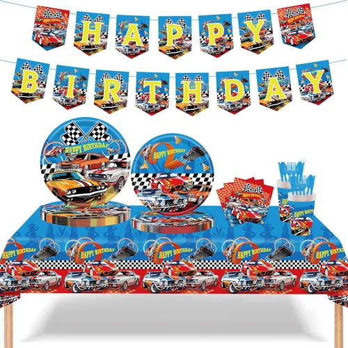 Juego de 170 piezas de decoración de cumpleaños, vajilla de carreras de autos de carreras, incluye pancarta de feliz cumpleaños, platos de 9