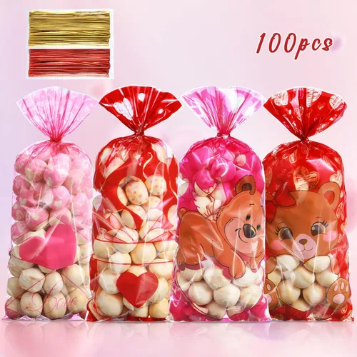 Miniatura 3 de Pasimy 100 bolsas de regalo de San Valentín, bolsas de regalo de celofán para el día de San Valentín, bolsas de regalo de celofán rosa y rojo