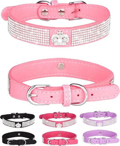 Collar de perro para perros pequeños, collares ajustables de cuero de gamuza para perro, collar de perro rosa para gato, collar de perro con Rosa3