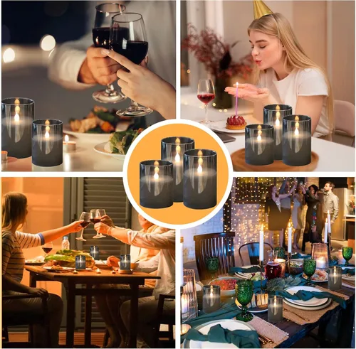 Miniatura 7 de HIYAA Velas LED sin llama, velas de cristal gris que funcionan con pilas parpadeantes con control remoto, mecha 3D, luz cálida realista, velas LED