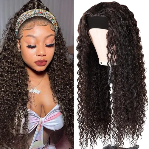 Miniatura 35 de Peluca de cabello humano con diadema de ondas profundas, sin pegamento, pelucas de cabello rizado sin encaje frontal, pelucas de cabello humano