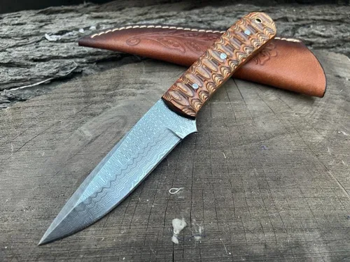 Cuchillo de caza de hoja fija de Damasco con funda – El mejor cuchillo de caza para hombres con mango antideslizante – Cuchillo de supervivencia