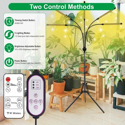 Miniatura 2 de yentbokj Lámparas LED ajustables de 5 cabezas, lámpara de cultivo de espectro completo con temporizador, luz blanca cálida para plantas
