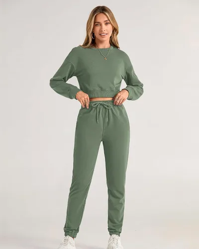 Miniatura 45 de BTFBM Conjunto deportivo de 2 piezas para mujer, camiseta corta de manga larga, sin botones, pantalón con cordón ajustable, pantalones deportivos