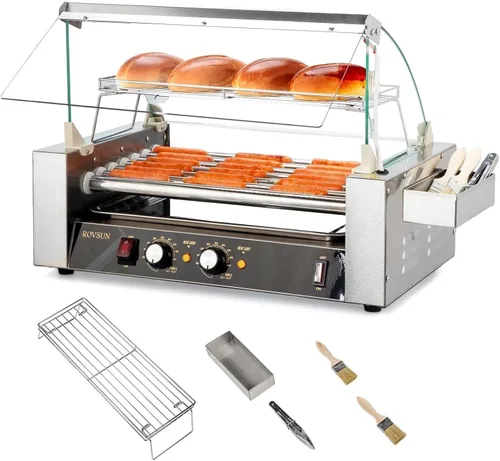 Miniatura 10 de ROVSUN Hot Dog Roller con 11 asadores para 30 hot dogs, máquina de cocción eléctrica de asador con cubierta, control de temperatura dual
