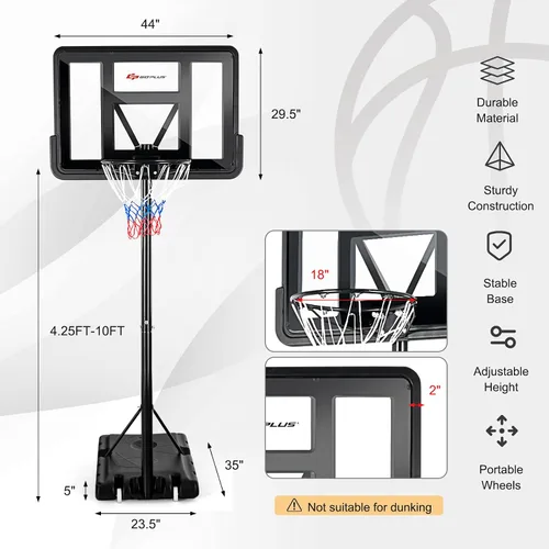 Miniatura 6 de Goplus Aro de baloncesto portátil, altura ajustable de 4.25 a 10 pies, tablero trasero inastillable de 44 pulgadas, borde de canasta de 18 pulgadas