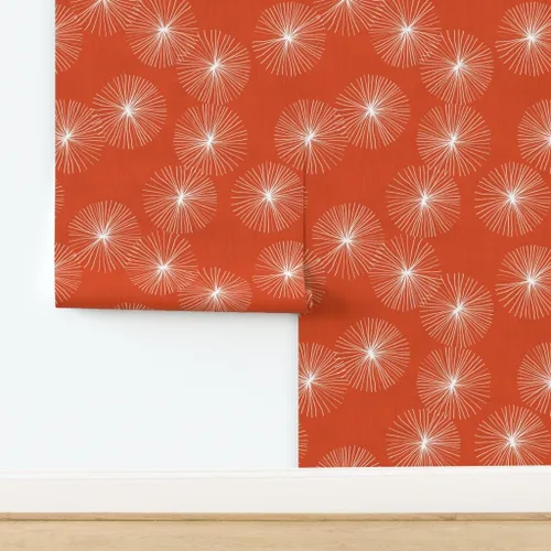 Miniatura 4 de Spoonflower Muestro de papel tapiz extraíble - Dandelions Mid Century Mod Circle Copo de nieve redondo Minimalista Naranja Rojo Papel pintado