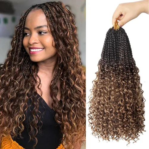 Miniatura 43 de Goddess Box Braids - Trenzas de cabello a ganchillo con extremos rizados, trenzas de caja bohemianas de 16 pulgadas, trenzas de ganchillo, 8 1B-4-30