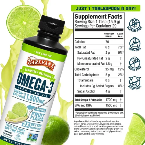 Miniatura 6 de Barlean's Suplemento líquido de aceite de pescado Omega 3 para hombres y mujeres, 1500mg de ácido graso EPA y DHA, promueve la salud del cerebro