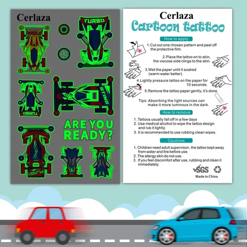 Miniatura 7 de Cerlaza Tatuajes temporales luminosos para niños, 90 estilos de autos brillantes para fiestas de cumpleaños, decoraciones de recuerdos, calcomanías