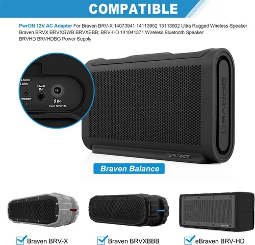 Miniatura 3 de Adaptador de CA de 12 V para Braven BRV-X 14073941 14113952 13113902 Altavoz inalámbrico ultra resistente Braven BRVX BRVXGWB BRVXBBB; BRV-HD