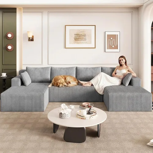 Miniatura 67 de Sofá modular de 95 pulgadas con otomana, moderno sofá nube de pana con asiento profundo, sofá sin hueso tapizado de 3 plazas en forma de U para sala