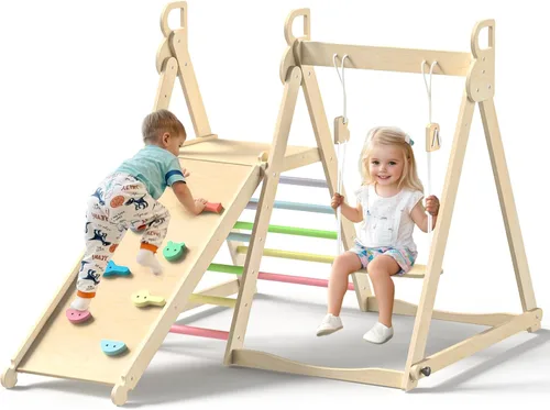 BlueWood Gimnasio de la selva interior 4 en 1, juego de escalada plegable de madera con columpio, tobogán, escalera y pared de escalada, juego de