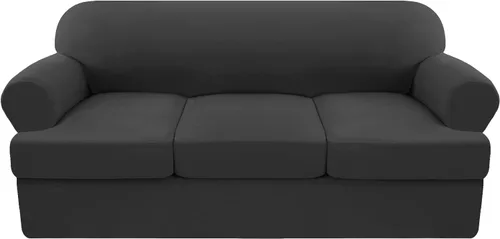 Miniatura 14 de Funda de sofá de forro polar con cojín en T, juego de 4 fundas de sofá suaves con 3 fundas de cojín individuales, protector de muebles elástico