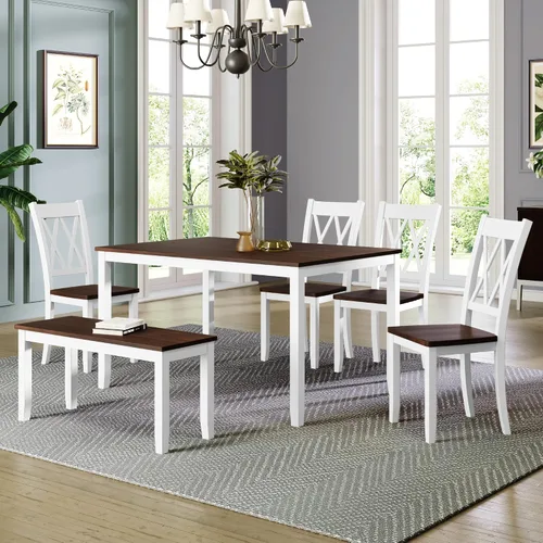 Miniatura 23 de Juego de mesa de comedor de madera de 6 piezas, juego de mesa de cocina con rectangular, juego de mesa de comedor con banco tapizado y 4 sillas