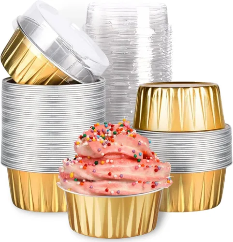 Miniatura 11 de Mini tazas de papel de aluminio para hornear cupcakes con tapas (40 piezas, 5 oz), forros redondos de papel de aluminio para cupcakes, moldes