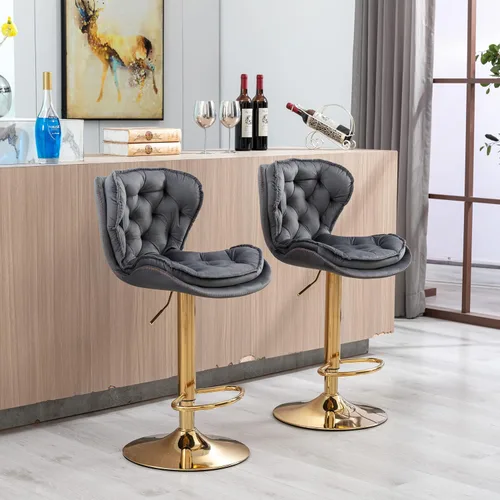 Miniatura 3 de Set of 2 Stools,with Footrest,Velvet,Metal Leg, Upholstered,Base Swivel, Height Adjustable,Comfortable Seating,with backrest,Living Room, Dining