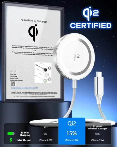 Miniatura 3 de Yootech Cargador Mag-Safe, almohadilla de carga inalámbrica súper rápida certificada Qi2, carga magnética real de 15 W, compatible con iPhone 17/17