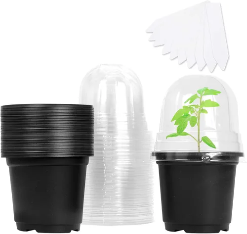 MIXC Macetas para vivero con cúpula de humedad, maceta de plástico transparente suave de 4 pulgadas, macetas para plantar, macetas pequeñas bandejas