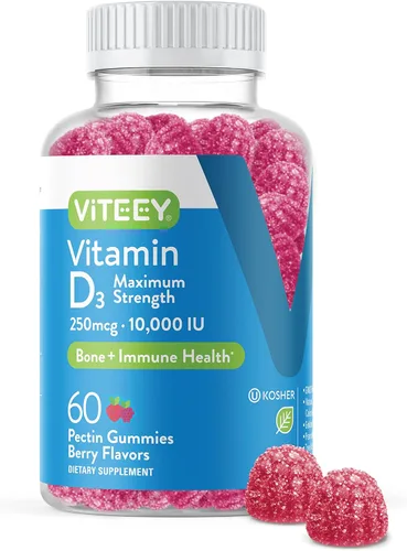 Viteey Gomitas de vitamina D3 para adultos y adolescentes, 10,000 UI, 250 mcg, máxima fuerza, salud de las articulaciones y los músculos, refuerzo