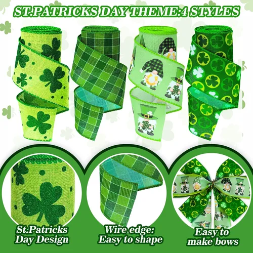 Miniatura 3 de Whaline Cinta de borde con alambre del día de San Patricio, trébol verde, gnomo, tela a cuadros, para envolver manualidades irlandesas