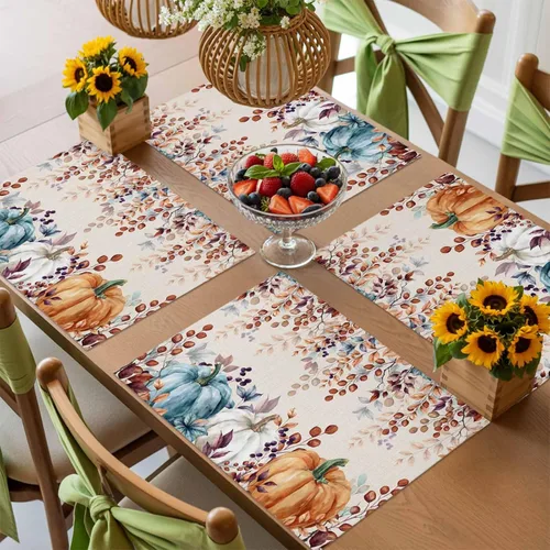 Miniatura 8 de Juego de 6 manteles individuales de otoño para Acción de Gracias, calabazas de acuarela y hojas de eucalipto, resistentes al calor, lavables
