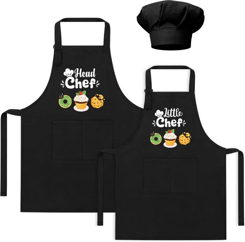Juego de 2 delantales para padres e hijos, delantales de cocina ajustables con bolsillos para adultos y niños