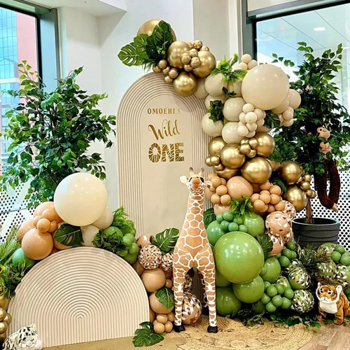 Miniatura 3 de Kit de arco de guirnalda de globos de selva safari para decoración de fiesta de cumpleaños Wild One, 157 globos verde salvia marrón con globos