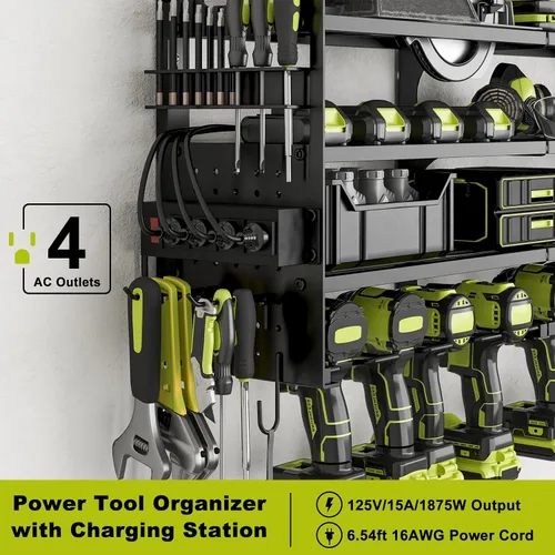 Miniatura 3 de Soporte de taladro inalámbrico para 12 unidades, organizador grande de herramientas eléctricas, soporte de pared con tablero de clavijas lateral