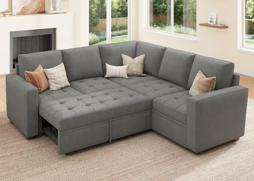 Miniatura 26 de HONBAY Sofá cama modular modular con cama extraíble, sofá en forma de L con asiento de almacenamiento, sofás seccionales para sala de estar, beige