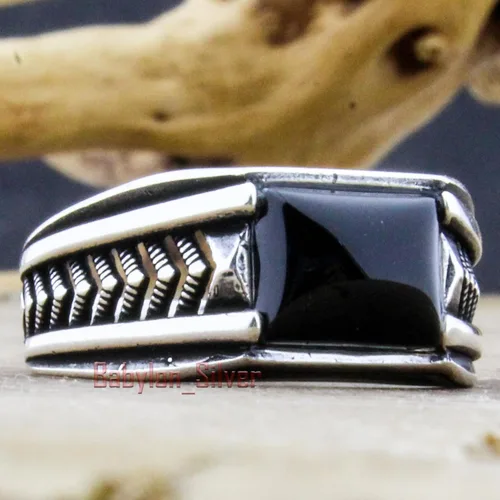 Miniatura 2 de Anillo de lujo de plata de ley 925 maciza auténtica, piedra de ónix negro