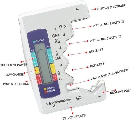 Miniatura 4 de Pilipane AAA, versátil probador digital de capacidad de batería para baterías AA, D, C, N y 9V, pantalla LCD (plata)