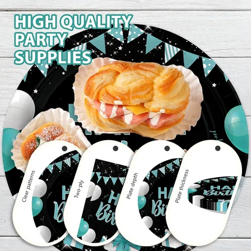 Miniatura 6 de 96 piezas de suministros para fiesta de feliz cumpleaños, decoraciones de color verde azulado y negro, 350 GSM, desechables, turquesa, juego