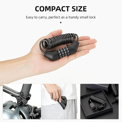 Miniatura 4 de ROCKBROS Cerradura de casco de motocicleta con bloqueo de cable retráctil de 4 dígitos para bicicletas, cochecitos, equipaje