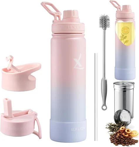 Miniatura 18 de Lexlion Botella de Agua con Infusor de Té 32 Oz – Termo de Acero Inoxidable con Triple Pared Aislada, Colador para Hojas Sueltas y Frutas, 3 Tapas a