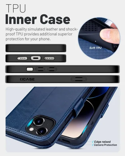 Miniatura 5 de OCASE Funda Cartera Compatible con iPhone 15, Funda Tipo Folio de Cuero PU con Tapa, con Tarjeteros, Soporte y Bloqueo RFID