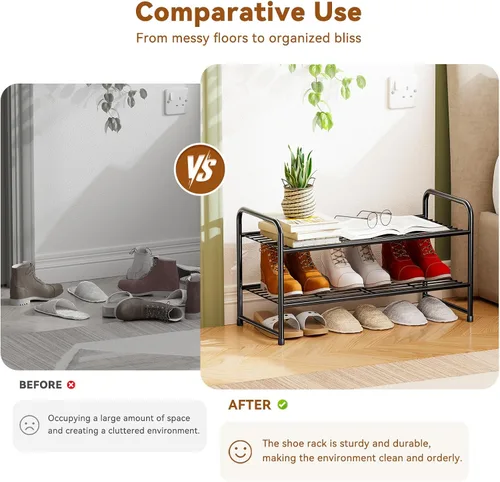 Miniatura 6 de Zapatero simple de 2 niveles y 27 pulgadas de ancho, estante organizador de zapatos de metal resistente para entrada, puerta delantera, color negro