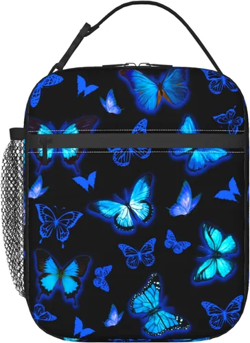 Lonchera de mariposa azul para mujeres, niñas, niños, adolescentes, bolsa de almuerzo aislada, reutilizable, portátil, para picnic, trabajo, viajes,