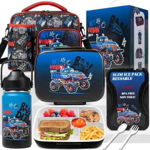 Caja Bento para Niños Lonchera para Niños Caja Bento para Niños Juego de Lonchera con 5 Compartimentos Botella de Acero Inoxidable para Agua, Bolsa