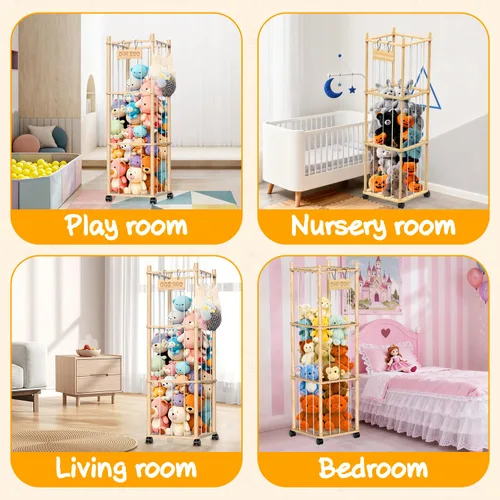 Miniatura 6 de Organizador de almacenamiento de animales de peluche, soporte de zoológico de juguetes de madera con ruedas, torre de almacenamiento de gran