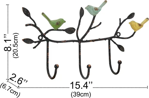 Miniatura 5 de SOFFEE DESIGN Perchero vintage de pared con 3 ganchos, pájaros de pie en rama de árbol con pintura rústica, resistente soporte para llaves
