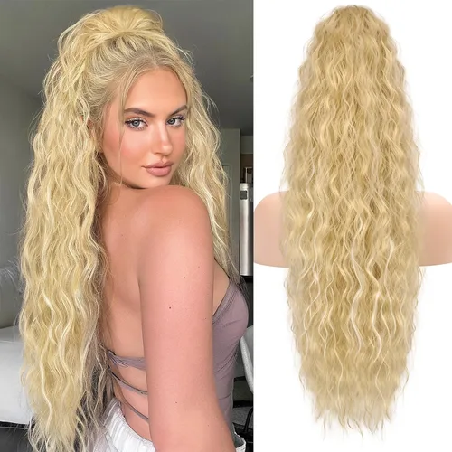 Miniatura 37 de KooKaStyle Extensión de cola de caballo con cordón de 26 pulgadas (66 cm) para mujeres, extensiones de cabello sintético rizado largo para uso