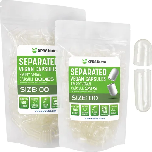 XPRS Nutra Cápsulas separadas de tamaño vegano 00 – 500 cápsulas vacías transparentes de primera calidad separadas en bolsas – 00 píldoras vacías